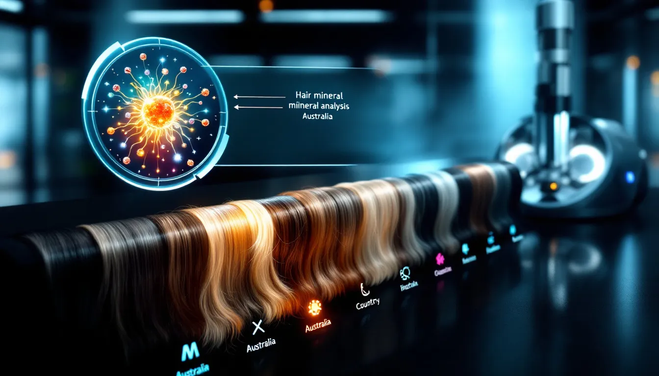 An overview of hair mineral analysis process, showcasing hair samples and testing equipment.