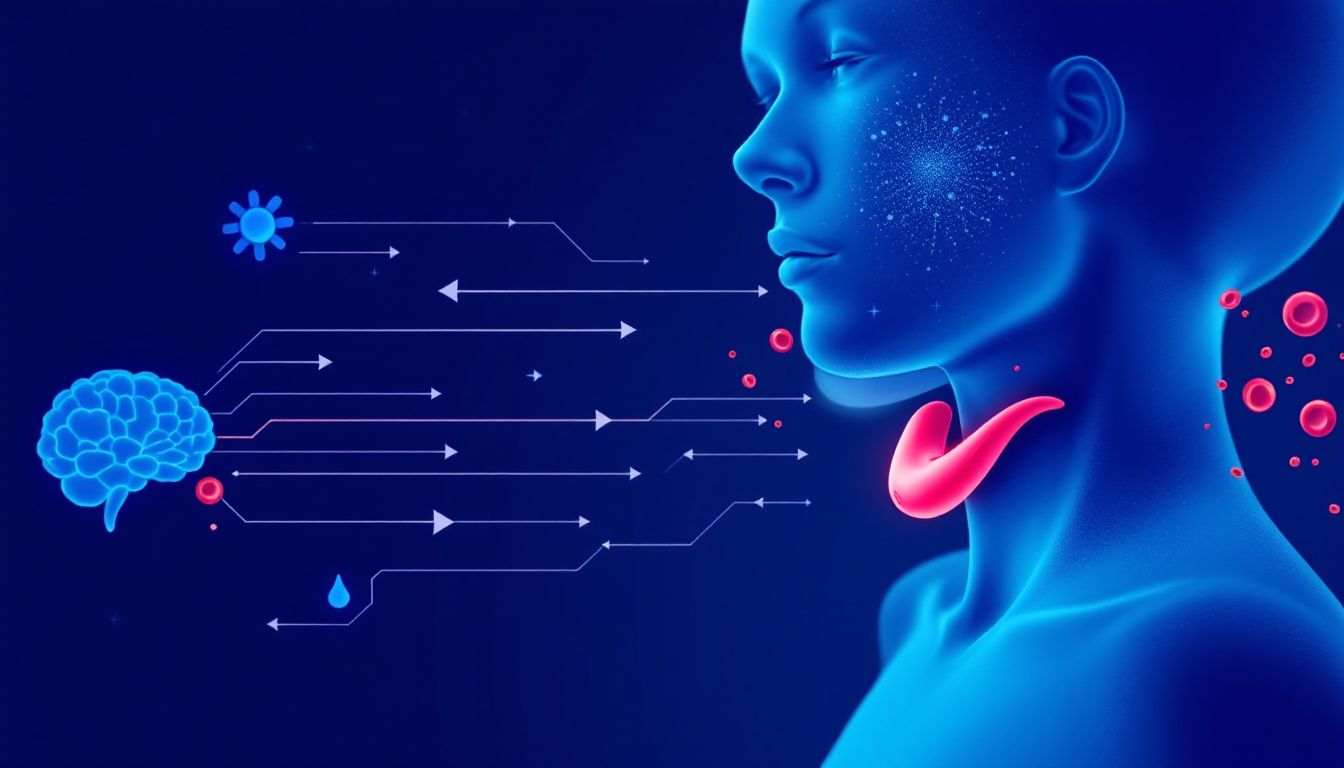 A diagram illustrating the thyroid gland and its function in the body.