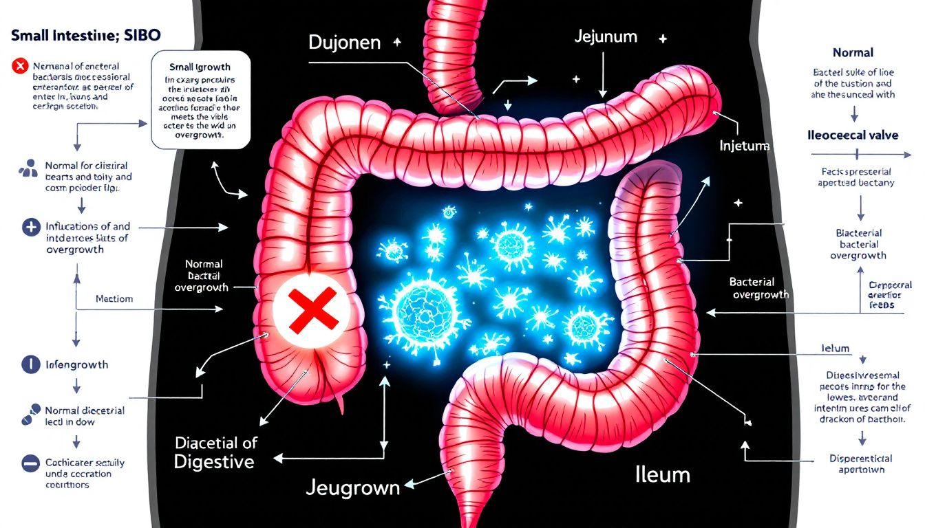 An illustration showing the small intestine with highlighted areas affected by small intestinal bacterial overgrowth.