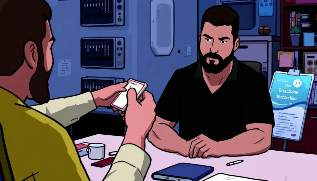 An illustration showing a testosterone test kit and blood sample, representing understanding testosterone tests.