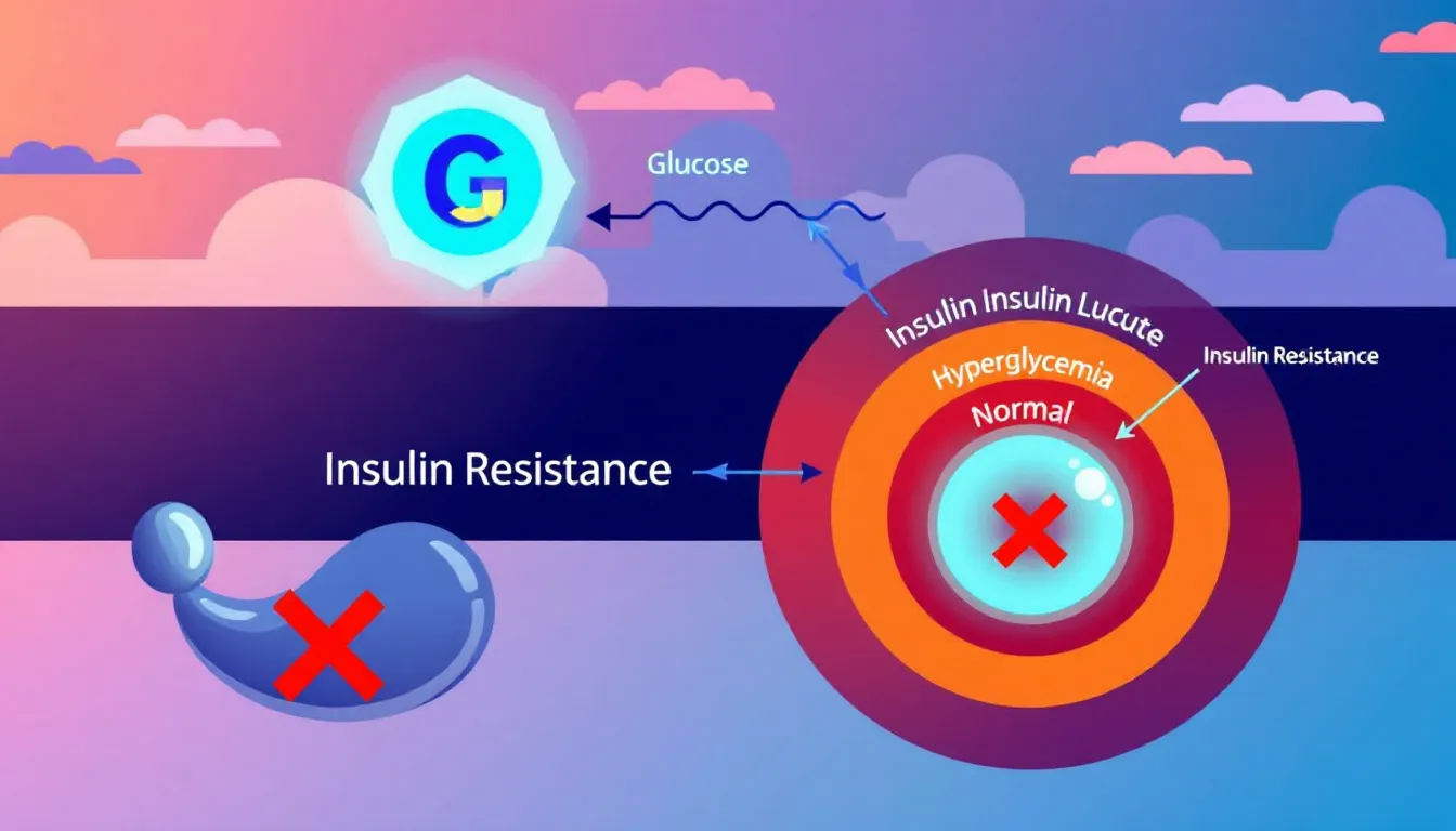 An illustration showing insulin resistance mechanisms and effects on blood glucose levels.