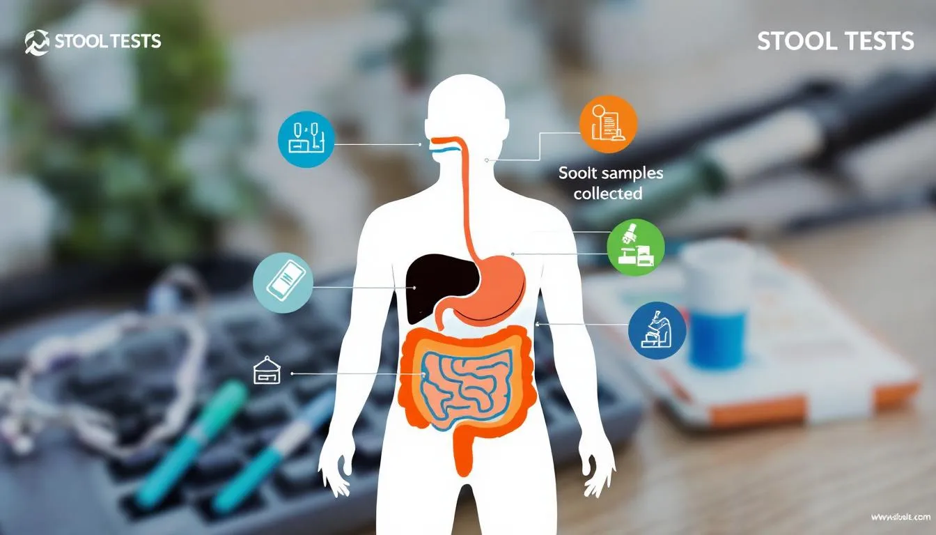 An overview of stool tests including a blurred test kit in the background.