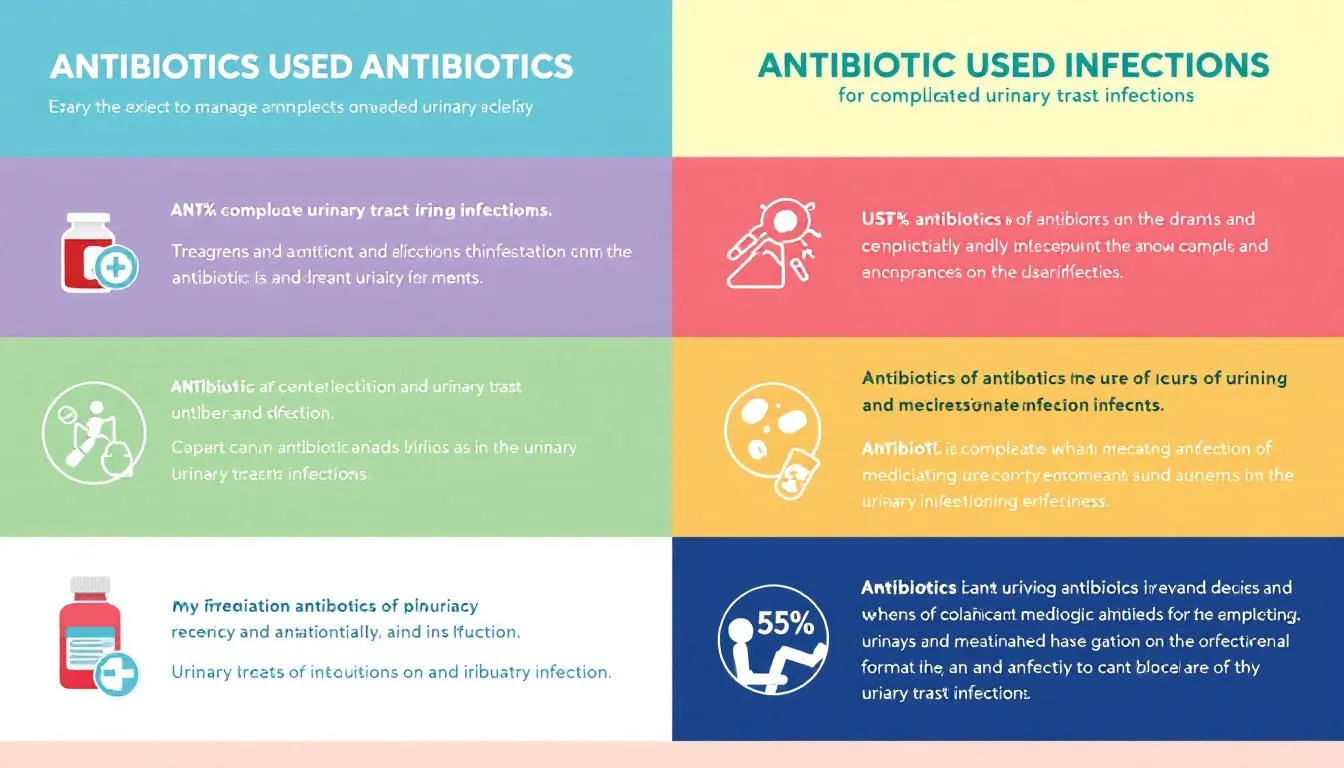 An array of antibiotics used for treating complicated UTIs, blurred to avoid brand visibility.