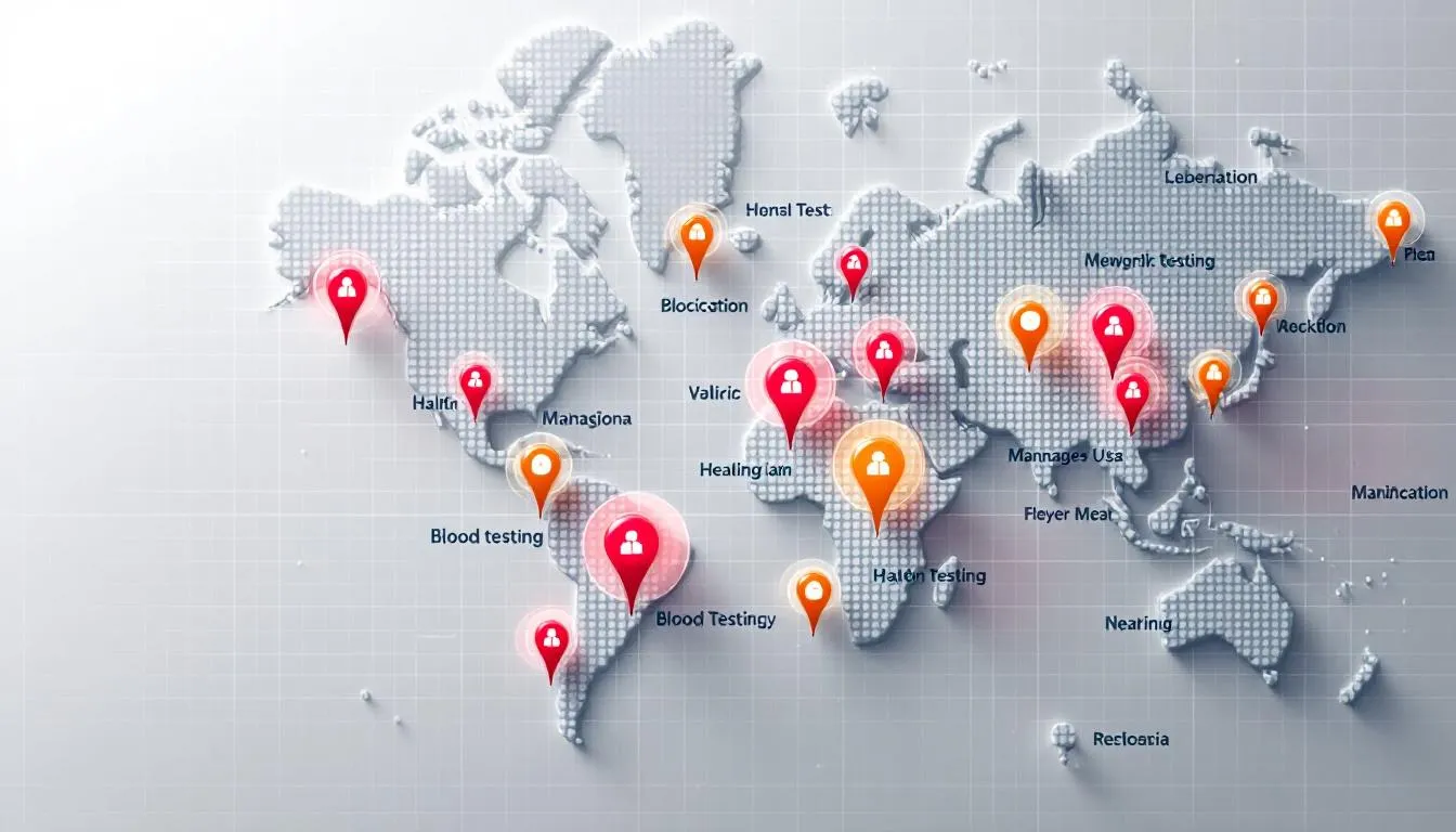 A map showing various locations for blood testing services.